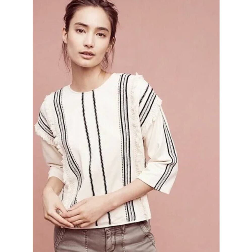 ERI + ALI Anthropologie Santillana Boxy Fringe Blouse Top Cream Black Size XS - Picture 4 of 10